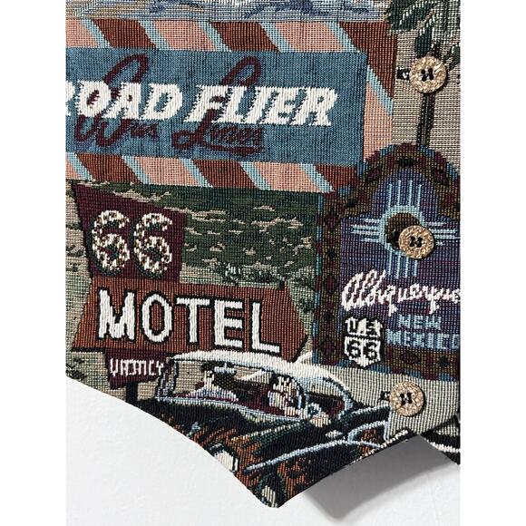 VTG 90s Tapestry Vest Unisex Large Route 66 Hot Rods Hollywood Travel USA - Picture 5 of 14